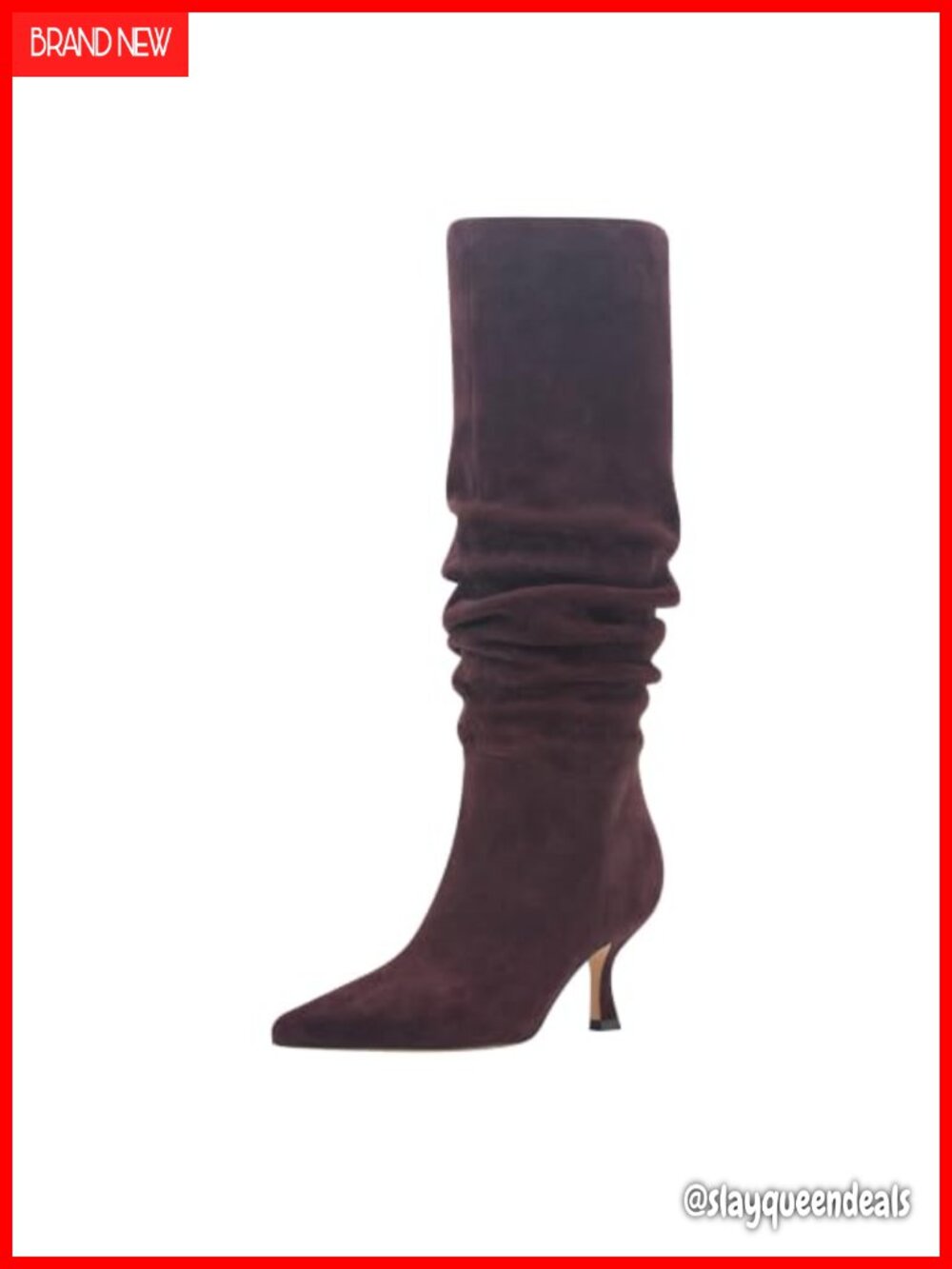 Slouch Knee High Boots with Pointed Toe Kitten Heel Burgundy Suede